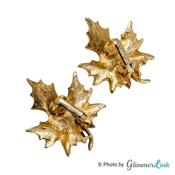 Vintage Sarah Coventry Maple Leaf Rhinestone Gold Tone Clip On Earrings - Picture 7 of 9